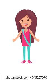 Smiling girl with long thick brown hair dressed in pink sleeveless t-shirt and light blue trousers isolated vector illustration on white