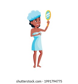 smiling girl looking at mirror reflection in bathroom cartoon vector. smiling girl looking at mirror reflection in bathroom character. isolated flat cartoon illustration