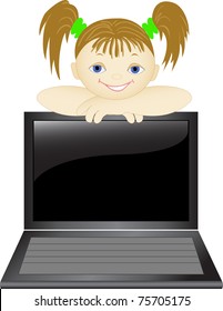 smiling girl  looks from behind of the open laptop