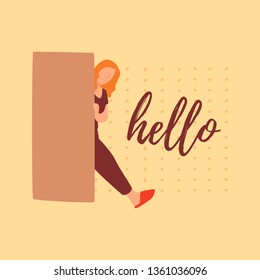 A smiling girl looks out from behind a screen. A young female looks out of the corner.