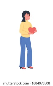 Smiling girl in love with heart postcard flat color vector detailed character. Romantic relationship. Valentines day greeting isolated cartoon illustration for web graphic design and animation