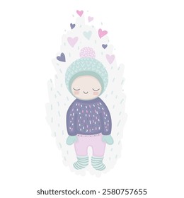 A smiling girl in love with hearts, cute character in beanie, sweater and mittens, cartoon romantic illustration