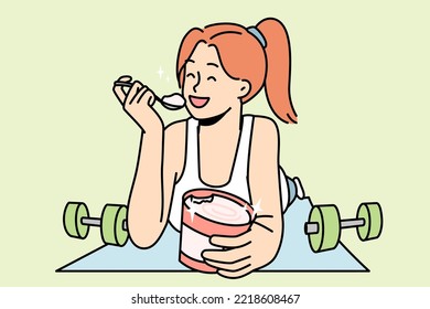 Smiling girl lying on fitness mat eating ice cream. Happy young woman quit sport enjoy dessert from jar. Diet and nutrition. Vector illustration. 