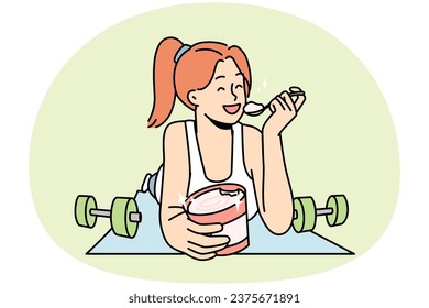 Smiling girl lying on fitness mat eating ice cream. Happy young woman quit sport enjoy dessert from jar. Diet and nutrition. Vector illustration.