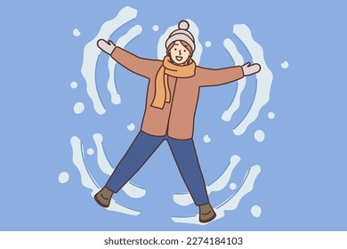 Smiling girl lying on ground making snow angel. Happy child have fun enjoy leisure activity on winter holidays. Vector illustration. 