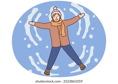 Smiling girl lying on ground making snow angel. Happy child have fun enjoy leisure activity on winter holidays. Vector illustration.