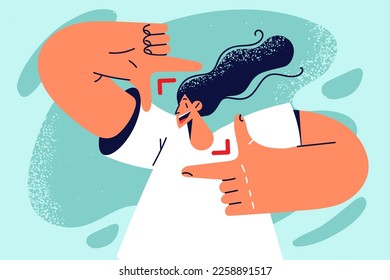 Smiling girl make hand gesture taking self-portrait picture. Happy woman making selfie with hands frame. Photography. Vector illustration. 