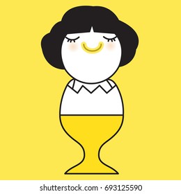 Smiling Girl With A Messy Lip From Eating Egg York Standing In Egg Holder Egg Stand Egg Cups Easter Mood Concept Card Character illustration