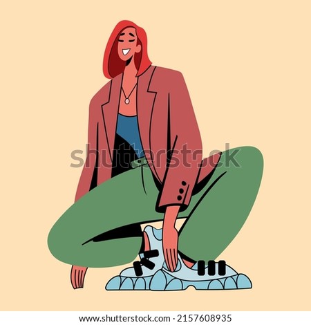 Smiling girl model squatting in flat style for print and design. Vector illustration.