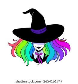 Smiling girl with multi-colored hair in a witch hat