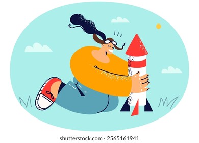 Smiling girl near rocket play in park. Happy child have fun with missile on weekend. Playful activity. Vector illustration.