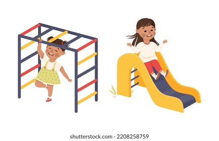 Smiling Girl on Playground Playing and Having Fun Sliding Down Vector Set