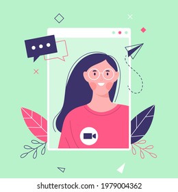 Smiling girl on the screen of a smartphone - Video call interface, young woman character, support elements of message notification, leaves, video call - Online learning, business meeting - Vector