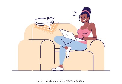 Smiling Girl On Sofa With Laptop Flat Vector Illustration. Freelancer At Work. Lady And Sleeping Cat On Couch Isolated Cartoon Characters With Outline Elements On White Background