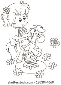 Smiling girl on a toy horse swing on a playground, black and white vector illustration in a cartoon style for a coloring book