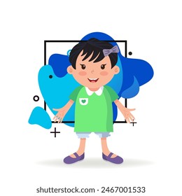 Smiling girl with open hands greeting someone. Little kid with short black hair and in green dress. Childhood concept. Vector illustration can be used for topics like daughter, greeting, gesturing