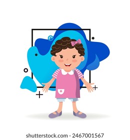Smiling girl with open hands greeting someone. Little kid with bow and in pink dress. Childhood concept. Vector illustration can be used for topics like daughter, greeting, gesturing