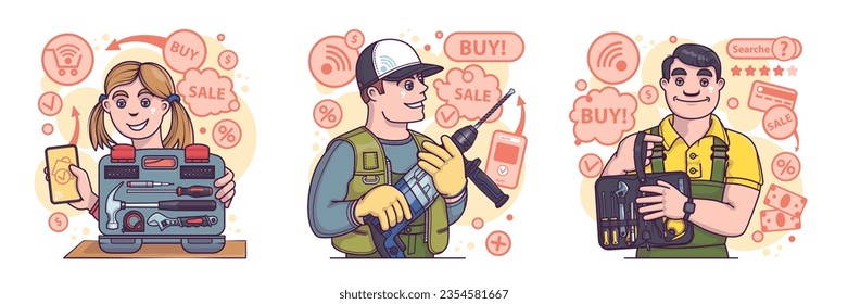 Smiling girl ordering tool kit for dad. Professional repairman holding drill. Adult male choosing instruments for work. Online shopping concept. Vector illustration in cartoon style