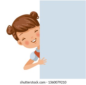 Smiling girl out of the back of the wall. Vector illustration isolated white background.