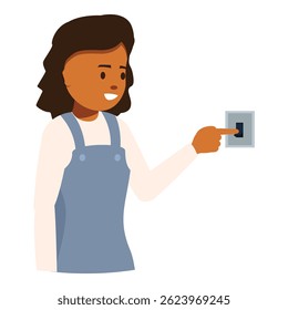 Menina sorridente com macacão ligando um interruptor de luz com dedo indicador, energia e conceito de eletricidade