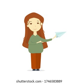 Smiling girl with a paper plane, flat illustration