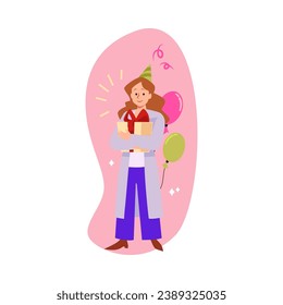 Smiling girl in party hat hugging gift box flat style, vector illustration isolated on white background. Balloons and holiday present, celebration, decorative design element