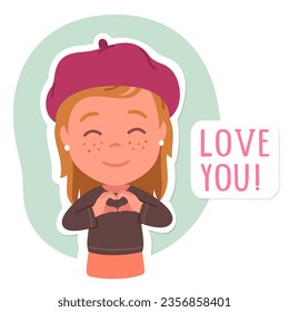 Smiling girl person showing heart hand gesture. Love you phrase text and happy kind child posing gesturing. Kid cartoon character portrait, positive emotion, friendly sign flat vector illustration