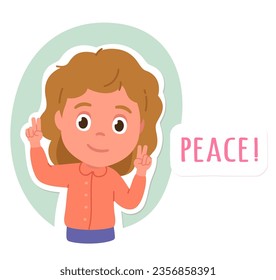 Smiling girl person showing peace sign. Peace text and happy child posing gesturing. Peaceful kid cartoon character portrait, two finger hand gesture, victory concept flat vector illustration