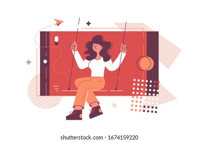 Smiling girl in phone vector illustration. Happy young woman riding on swing in smartphone flat style design. Social network, virtual communication and entertainment concept