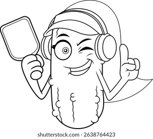 Smiling Girl Pickleball Cartoon Character Holding Paddle and Pointing – Black And White Vector Hand Drawn Illustration Isolated On Transparent Background