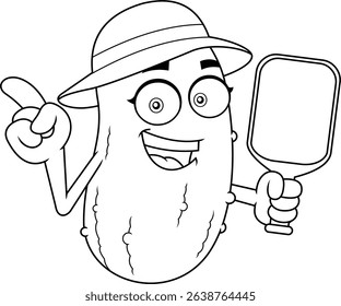 Smiling Girl Pickleball Cartoon Character Holding Paddle and Pointing – Black And White Vector Hand Drawn Illustration Isolated On Transparent Background