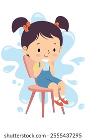 Smiling girl with pigtails drinking water while sitting on a chair, vector illustration.