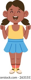 A smiling girl with pigtails gives thumbs up in a playful style. Young female character expresses joy and positivity. Cartoon vector illustration.