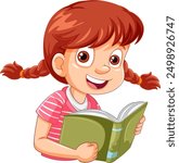 Smiling girl with pigtails reading a book