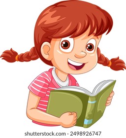 Chica sonriente con coletas leyendo un libro