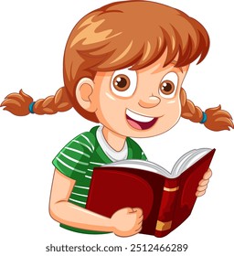 Chica sonriente con coletas leyendo un libro