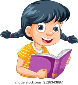 Chica sonriente con coletas leyendo un libro