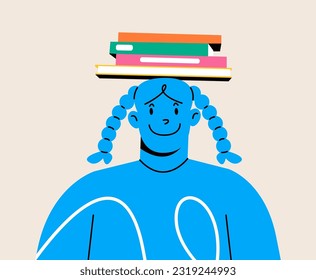 Smiling girl with a pile of books on her head. The concept of education and gaining knowledge. Colorful vector illustration
