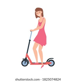 Smiling Girl in Pink Dress Riding Kick Scooter, Active Healthy Lifestyle, Eco Friendly Transport Concept Cartoon Style Vector Illustration