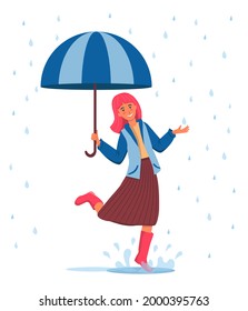 Smiling girl with pink hair jumps through puddles. A girl in a blue jacket, brown skirt and pink rubber boots is walking under an umbrella in the rain. Vector illustration in flat style.