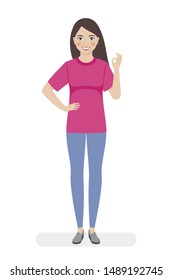 A smiling girl in a pink T-shirt and jeans is showing ok. Flat illustration of a girl on a white background.