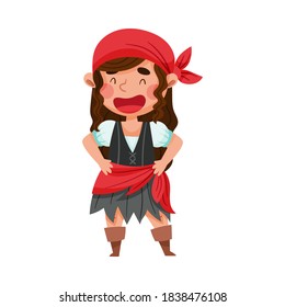 Smiling Girl in Pirate Costume with Tied Bandana Vector Illustration