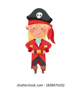Smiling Girl in Pirate Costume Wearing Hat with Skull Vector Illustration