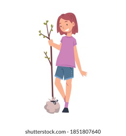 Smiling Girl Planting Tree, Child Working in Garden or Taking Care about Planet, Environmental Protection Concept Cartoon Style Vector Illustration