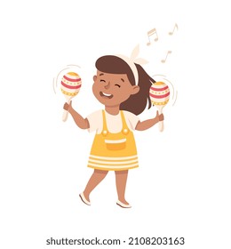 Smiling Girl Playing Maraca Musical Instrument Performing on Stage Vector Illustration