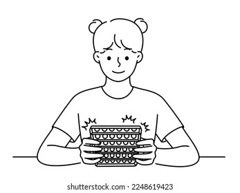 Smiling girl playing pop it game. Happy child have fun with colorful rubber game. Entertainment and hobby. Vector illustration. 