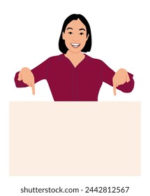 Smiling girl pointing down to blank banner.