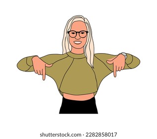 Smiling girl pointing down with fingers vector.