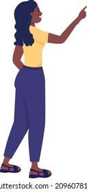 Smiling girl pointing with finger semi flat color vector character. Standing figure. Full body person on white. Gesture isolated modern cartoon style illustration for graphic design and animation