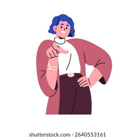 Smiling girl pointing forward with index finger. Happy woman points in front of you, choosing, recruiting, hiring and picking gesture with hand. Flat vector illustration isolated on white background